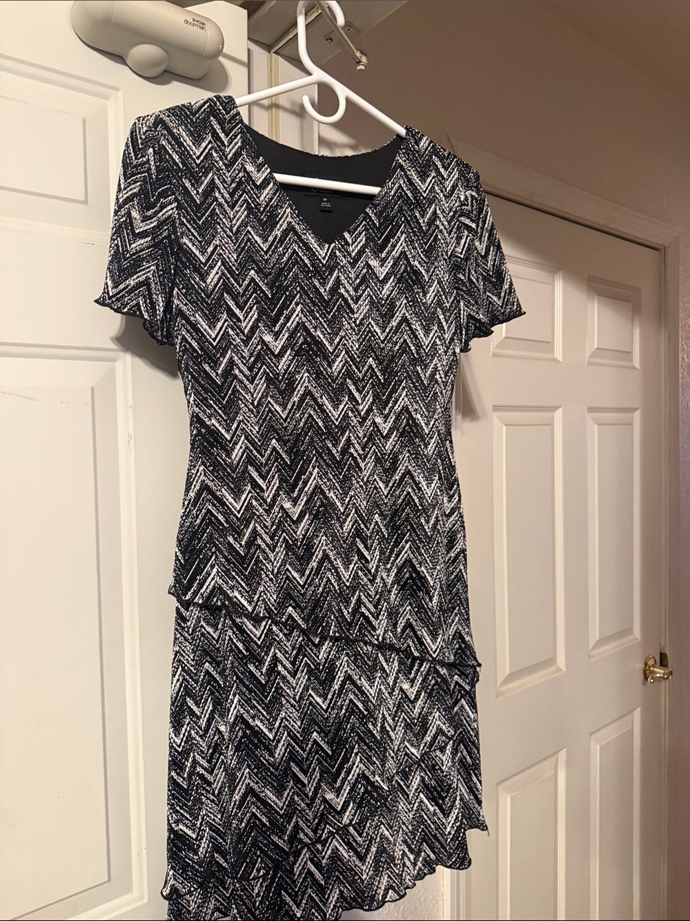 connected apparel Black and White Chevron V-Neck Layered Dress